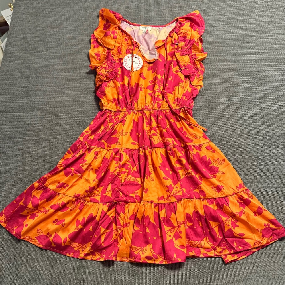 Umgee Floral Mini Dress Womens Small Orange Pink NEW Ruffle Tiered Flutter Sun